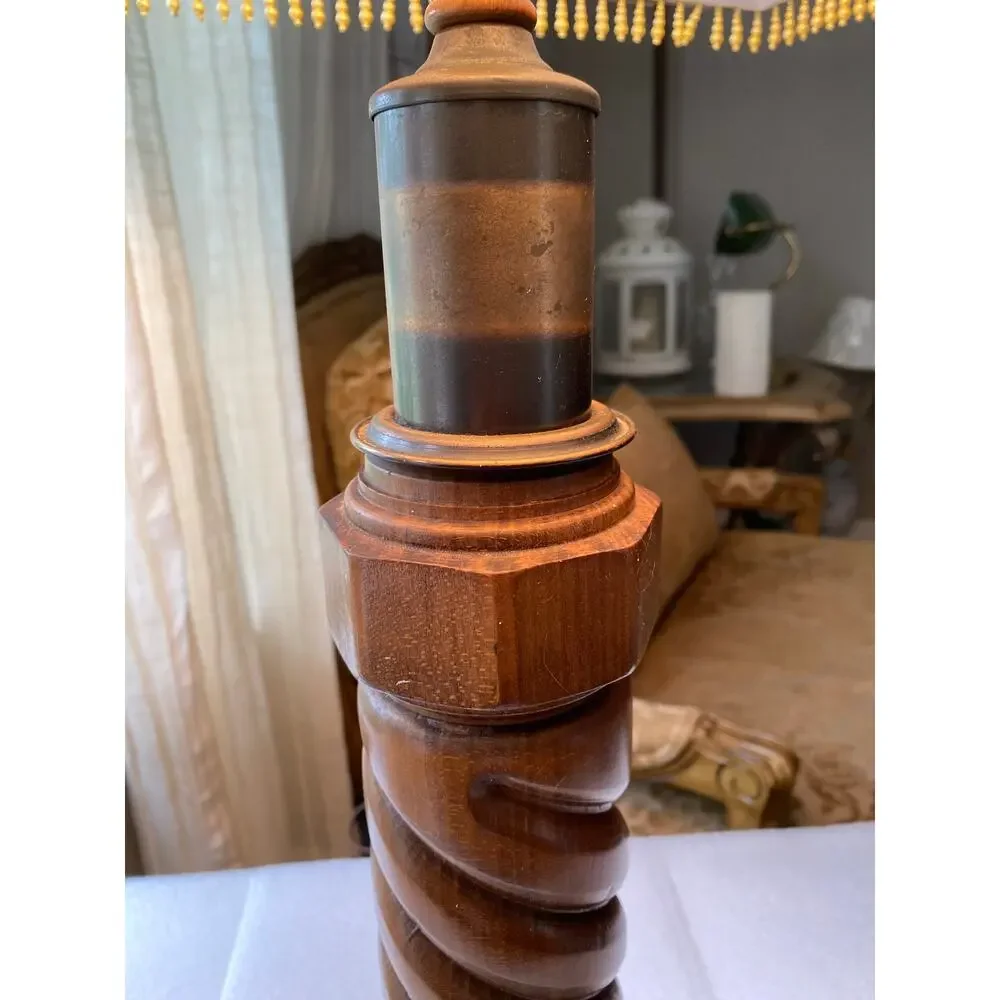 vintage turned-wood table lamp wooden column, paired with shade vintage satin